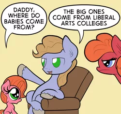 Size: 847x800 | Tagged: safe, artist:wadusher0, derpibooru import, oc, oc:charity, oc:cordovan, oc:pun, earth pony, pony, ask pun, ask, couch, female, filly, image, jpeg, male, mare, stallion, where do babies come from?, younger