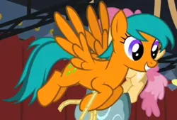 Size: 295x200 | Tagged: safe, derpibooru import, screencap, dizzy twister, drizzledrips, orange swirl, pegasus, pony, hearth's warming eve (episode), background pony, female, image, mare, png, solo