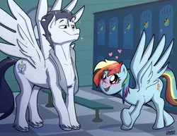 Size: 3300x2550 | Tagged: safe, artist:strangerdanger, derpibooru import, rainbow dash, soarin', wonderbolts academy, female, heart, image, large wings, locker room, male, png, shipping, size difference, soarindash, straight, stupid sexy soarin', towel, unshorn fetlocks, wet, wet mane, wings