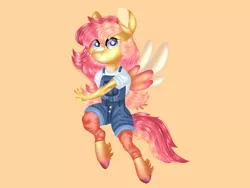 Size: 1024x768 | Tagged: safe, artist:rainydayjitters, derpibooru import, oc, oc:strawberry sunrise, anthro, pegasus, unguligrade anthro, clothes, image, orange background, overalls, png, simple background, solo, two toned wings, wings