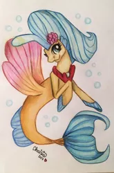 Size: 496x750 | Tagged: safe, artist:chaisia, derpibooru import, princess skystar, seapony (g4), my little pony: the movie, blue eyes, bubble, colored wings, dorsal fin, drawing, female, fins, fin wings, fish tail, flower, flower in hair, flowing mane, flowing tail, freckles, image, jewelry, jpeg, necklace, pearl necklace, pencil drawing, signature, smiling, solo, swimming, tail, traditional art, wings