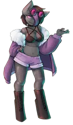 Size: 2045x3508 | Tagged: suggestive, artist:earthpone, derpibooru import, oc, oc:mimicry, unofficial characters only, anthro, original species, bra, breasts, clothes, female, fishnet clothing, fishnets, image, jacket, panties, png, purple changeling, simple background, solo, sunglasses, thong, transparent background, underwear