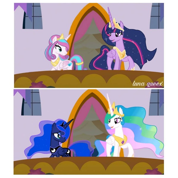 Size: 1080x1080 | Tagged: safe, artist:luna.queex, derpibooru import, edit, edited screencap, screencap, princess celestia, princess flurry heart, princess luna, princess twilight 2.0, twilight sparkle, twilight sparkle (alicorn), alicorn, pony, the last problem, comparison, crown, ethereal mane, eyelashes, female, full circle, hoof shoes, image, jewelry, jpeg, looking back, mare, older, older flurry heart, older twilight, outdoors, peytral, raised hoof, regalia, siblings, sisters, starry mane