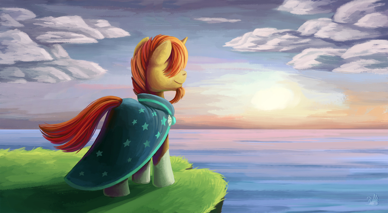 Size: 4555x2500 | Tagged: safe, artist:futmoon, derpibooru import, sunburst, pony, unicorn, cliff, cloud, high res, image, jpeg, male, ocean, sky, solo, sunrise