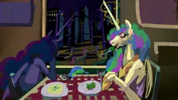 Size: 4096x2304 | Tagged: safe, artist:alumx, derpibooru import, princess celestia, princess luna, alicorn, pony, duo focus, eating, female, food, fork, image, jpeg, magic, mare, open mouth, telekinesis