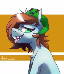 Size: 1255x1440 | Tagged: safe, artist:anticular, derpibooru import, oc, oc:neko, unofficial characters only, earth pony, pony, bust, female, hat, image, jpeg, looking at you, mare, profile, sharp teeth, solo, teeth, tongue out