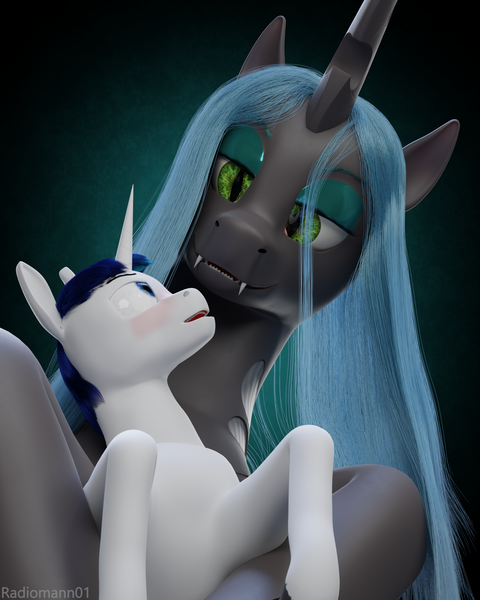 Size: 2560x3200 | Tagged: safe, artist:radiomann01, derpibooru import, queen chrysalis, shining armor, changeling, changeling queen, pony, unicorn, 3d, bedroom eyes, blushing, duo, fangs, female, horn, hug, hugging a pony, image, infidelity, larger female, long hair, looking down, looking up, male, mane, open mouth, png, render, sharp teeth, shining chrysalis, shipping, simple background, size difference, smaller male, smiling, straight, teeth