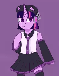 Size: 1508x1930 | Tagged: safe, artist:theedgyduck, derpibooru import, twilight sparkle, pony, unicorn, clothes, crossover, defoko, detached sleeves, female, hand on chest, hat, image, mare, necktie, png, skirt, solo, standing up, standing upright, unicorn twilight, uta utane, utauloid