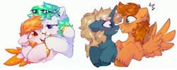Size: 3800x1500 | Tagged: safe, artist:mirtash, derpibooru import, oc, oc:dawn daze, oc:maple parapet, unofficial characters only, earth pony, pegasus, pony, unicorn, boop, chest fluff, flower, flower in hair, hug, image, jpeg, noseboop, simple background, tongue out, white background