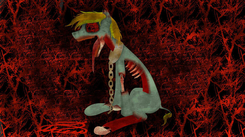 Size: 2080x1168 | Tagged: grimdark, artist:crystalcontemplator, derpibooru import, oc, unofficial characters only, pony, undead, zombie, zombie pony, blood, chains, collar, image, jpeg, open mouth, ribs, signature, sitting, solo