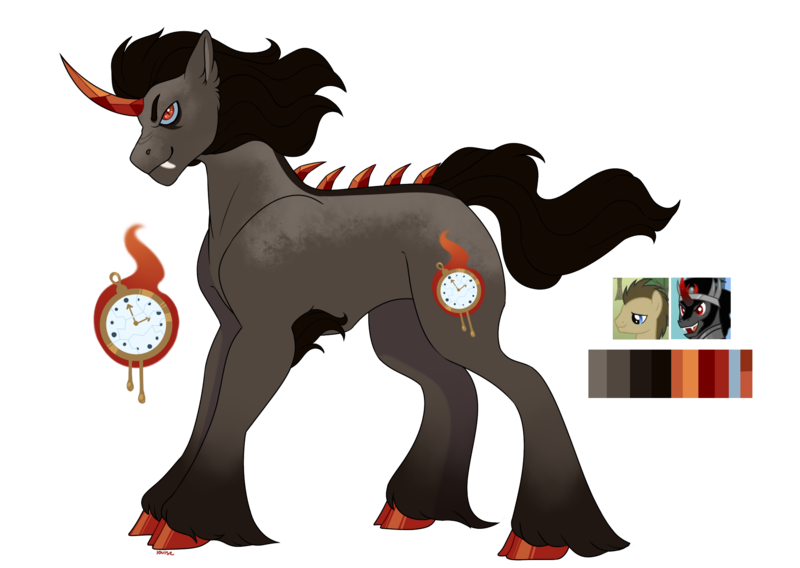 Size: 2000x1420 | Tagged: safe, artist:iouise, derpibooru import, doctor whooves, king sombra, time turner, oc, pony, unicorn, cloven hooves, curved horn, fangs, horn, image, magical gay spawn, male, offspring, parent:doctor whooves, parent:king sombra, parents:docbra, png, screencap reference, simple background, stallion, transparent background, unshorn fetlocks