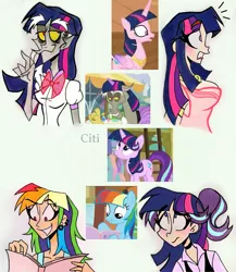 Size: 1747x2015 | Tagged: safe, artist:citi, derpibooru import, screencap, discord, princess cadance, rainbow dash, starlight glimmer, human, a matter of principals, the lost treasure of griffonstone, three's a crowd, what about discord?, alternate hairstyle, clothes, cosplay, costume, crossdressing, femboy discord, humanized, image, jpeg, manebow sparkle, mane swap, scene interpretation, screencap reference, wig