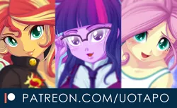 Size: 800x491 | Tagged: safe, artist:uotapo, derpibooru import, fluttershy, sci-twi, sunset shimmer, twilight sparkle, equestria girls, beautiful, big eyes, blushing, clothes, cute, cutie mark, cutie mark on clothes, eyelashes, glasses, image, jacket, jpeg, lips, looking at you, meganekko, necktie, open mouth, patreon, school uniform, shimmerbetes, shyabetes, smiling, sweat, sweatdrop, tanktop, twiabetes