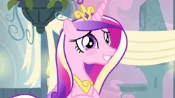 Size: 1280x720 | Tagged: safe, derpibooru import, screencap, princess cadance, queen chrysalis, alicorn, pony, a canterlot wedding, blushing, cute, cutealis, cutedance, fake cadance, female, image, mare, png, solo