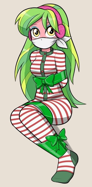 Size: 377x761 | Tagged: safe, artist:nivek15, derpibooru import, edit, editor:thomasfan45, lemon zest, human, equestria girls, arm behind back, bondage, bound and gagged, bow, button, christmas, cloth gag, clothes, cropped, cute, eyeshadow, female, femsub, footed sleeper, footie pajamas, gag, gift wrapped, headphones, holiday, image, jpeg, lemonsub zest, looking at you, makeup, onesie, otn gag, over the nose gag, pajamas, ribbon, solo, submissive, tied up