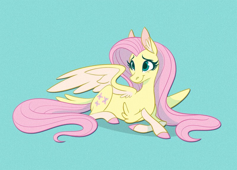 Size: 1390x1000 | Tagged: safe, artist:probablyfakeblonde, derpibooru import, part of a set, fluttershy, pegasus, pony, alternate design, colored hooves, cute, ear fluff, elbow fluff, female, head turn, image, jpeg, lying down, mare, prone, shyabetes, simple background, smiling, socks (coat marking), solo, spread wings, tail feathers, two toned wings, wings