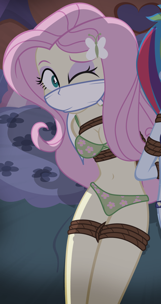 Size: 640x1213 | Tagged: suggestive, artist:radiantrealm, derpibooru import, edit, fluttershy, rainbow dash, equestria girls, belly button, bondage, bra, breast bondage, breasts, cleavage, cloth gag, clothes, cropped, female, femsub, flower pattern underwear, fluttersub, gag, green underwear, image, lingerie, panties, png, rope, rope bondage, show accurate, show accurate porn, solo focus, submissive, underwear