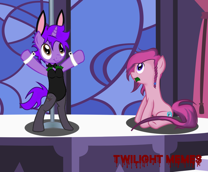 Size: 7675x6333 | Tagged: safe, artist:sanav1, artist:twilight_memes, derpibooru import, oc, oc:formosana, oc:jão, earth pony, pony, unicorn, arms wide open, bills, bipedal, bowtie, brown eyes, bunny ears, bunny suit, clothes, cuffs (clothes), duo, duo male, earth pony oc, horn, image, leotard, logo, male, money, mouth hold, pantyhose, pink hair, pink mane, png, pole dancing, purple eyes, purple hair, purple mane, sitting, stripper pole, unicorn oc