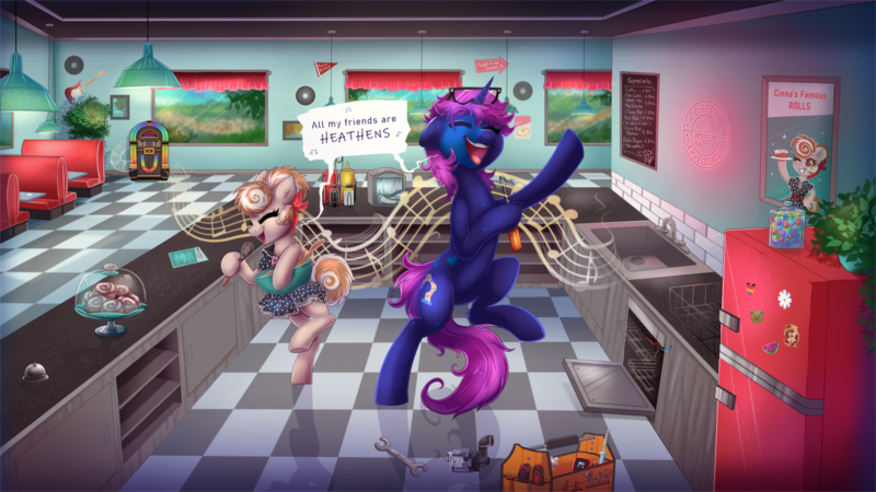 Size: 5000x2813 | Tagged: safe, artist:confetticakez, derpibooru import, oc, oc:cinnamon spangled, oc:makermatic, unofficial characters only, earth pony, pony, unicorn, baking, bandana, bowl, cafe, cinnamon bun, clothes, commission, dancing, diner, dress, female, food, guitar, image, jukebox, kitchen, male, mare, mixing bowl, music, music notes, musical instrument, png, refrigerator, restaurant, retro, singing, stallion, tools