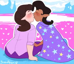 Size: 1133x985 | Tagged: safe, artist:greenarsonist, derpibooru import, starlight glimmer, trixie, human, blushing, cape, chubby, clothes, dark skin, elf ears, female, gender headcanon, headcanon, heart, humanized, image, kissing, lake, lesbian, love, natural hair color, png, sexuality headcanon, shipping, startrix, text, thought bubble, trans female, trans trixie, transgender