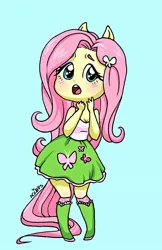 Size: 1094x1691 | Tagged: safe, artist:ameliacostanza, derpibooru import, fluttershy, equestria girls, blue background, blushing, breasts, busty fluttershy, chibi, cleavage, cute, female, image, jpeg, open mouth, ponied up, shyabetes, signature, simple background, solo