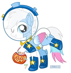Size: 1171x1200 | Tagged: safe, artist:jennieoo, derpibooru import, oc, oc:star lily, unofficial characters only, pegasus, astronaut, candy, cosmo, cosmonaut, diaper, diaper fetish, fetish, food, halloween, holiday, image, maximum absorbency garment, nightmare night, non-baby in diaper, png, pumpkin, pumpkin bucket, show accurate, simple background, solo, stars, transparent background