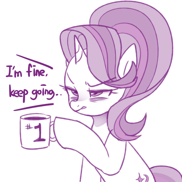 Size: 2600x2600 | Tagged: safe, artist:maren, derpibooru import, starlight glimmer, unicorn, #1, bags under eyes, doodle, hoof hold, image, monochrome, mug, png, simple background, white background