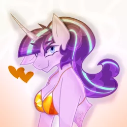 Size: 600x600 | Tagged: suggestive, alternate version, artist:junko, derpibooru import, starlight glimmer, anthro, pony, semi-anthro, art, bra, breasts, bust, cleavage, clothes, cutie mark, cutie mark on clothes, digital art, female, floppy ears, image, implied sunburst, looking at you, mare, png, signature, simple background, smiling, solo, swimsuit, underwear, underwear swap, white background