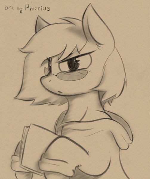 Size: 2600x3100 | Tagged: safe, artist:phlerius, derpibooru import, pony, black and white, book, clothes, digital art, filter, glasses, grayscale, hoodie, image, jpeg, monochrome, reading, shirt, sketch, solo