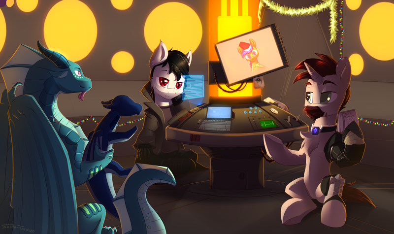 Size: 3200x1900 | Tagged: safe, artist:shido-tara, derpibooru import, oc, oc:6-9, oc:day dream(cyberpony), unofficial characters only, dragon, crossover, image, new year, plushie, png, tardis console room, wings of fire (book series)