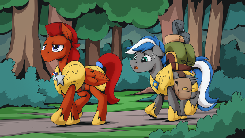 Size: 2560x1440 | Tagged: safe, artist:mysticalpha, derpibooru import, oc, oc:captain sunride, oc:cloud zapper, unofficial characters only, pegasus, pony, armor, forest, forest background, image, male, pegasus oc, png, royal guard, royal guard armor, stallion, tree, tree branch, wings