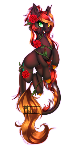 Size: 2310x4237 | Tagged: safe, artist:minelvi, derpibooru import, oc, oc:thorn rose, unofficial characters only, unicorn, commission, flower, flower in hair, grin, horn, image, leonine tail, png, rose, signature, simple background, smiling, solo, transparent background, unicorn oc, ych result