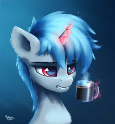 Size: 3000x3250 | Tagged: safe, artist:kridershot, derpibooru import, oc, oc:ponywka, pony, unicorn, coffee, cup, fake smile, high res, image, magic, magic aura, male, messy mane, png, red eyes, simple background, smiling, solo, tired