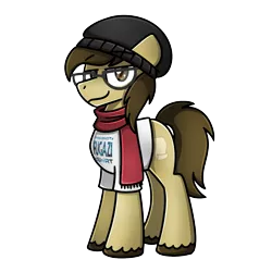 Size: 1240x1240 | Tagged: safe, artist:sugar morning, derpibooru import, oc, oc:bay mac, unofficial characters only, pony, beanie, clothes, dun, fugazi, glasses, hat, image, looking at you, male, png, scarf, shirt, simple background, solo, stallion, t-shirt, transparent background, unshorn fetlocks
