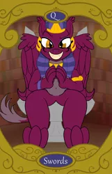 Size: 900x1400 | Tagged: safe, artist:sixes&sevens, derpibooru import, sphinx (character), sphinx, analysis in the comments, image, looking at you, png, queen of swords, sitting, tarot card, throne