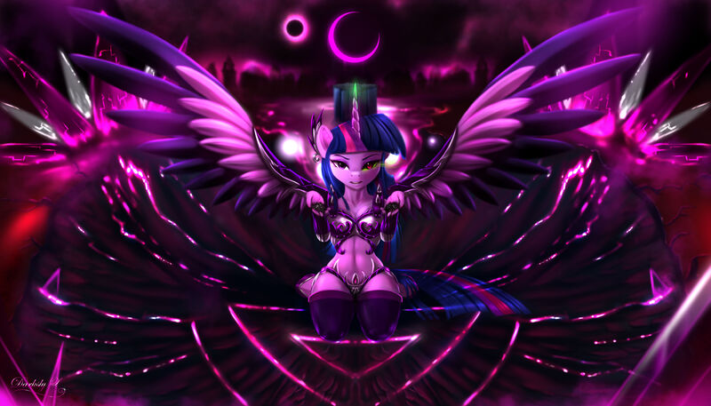 Size: 4200x2400 | Tagged: suggestive, artist:darksly, derpibooru import, twilight sparkle, alicorn, anthro, armor, breasts, corrupted, corrupted twilight sparkle, evil, female, image, jpeg, solo, solo female, spread wings, twilight sparkle (alicorn), two toned wings, unconvincing armor, wings