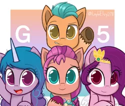 Size: 1350x1150 | Tagged: safe, artist:laylaelvy278, derpibooru import, hitch trailblazer, izzy moonbow, pipp petals, sunny starscout, earth pony, pegasus, pony, unicorn, abstract background, adorapipp, badge, blushing, braid, cute, female, fluttershy's cutie mark, g5, hitchbetes, image, izzybetes, looking at you, male, mare, open mouth, pins, png, rainbow dash's cutie mark, raised hoof, smiling, stallion, sunnybetes, text, twilight's cutie mark, unshorn fetlocks, waving