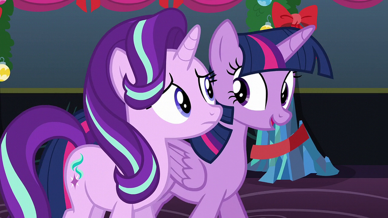 Size: 1920x1080 | Tagged: safe, derpibooru import, screencap, starlight glimmer, twilight sparkle, twilight sparkle (alicorn), alicorn, pony, unicorn, a hearth's warming tail, bow, female, folded wings, frown, image, looking at each other, mare, png, wings