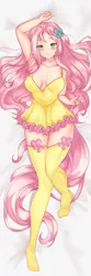 Size: 2952x8858 | Tagged: suggestive, artist:drmolun, derpibooru import, fluttershy, human, absurd resolution, anime, blushing, body pillow, breasts, busty fluttershy, cleavage, clothes, dakimakura cover, humanized, image, lingerie, looking at you, png, socks, stocking feet, stockings, thigh highs