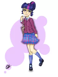 Size: 768x1024 | Tagged: safe, artist:catcor, derpibooru import, twilight sparkle, human, abstract background, clothes, female, humanized, image, png, skirt, solo