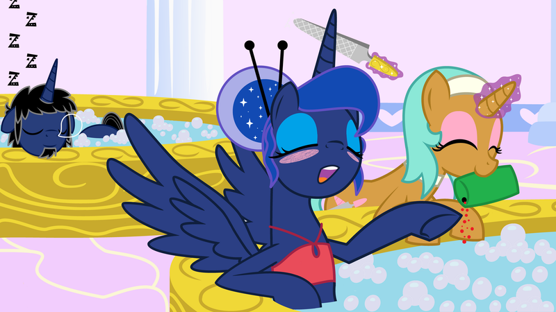 Size: 1600x900 | Tagged: safe, artist:evilfrenzy, derpibooru import, princess luna, oc, oc:frenzy, oc:miss grind, alicorn, pony, unicorn, alternate hairstyle, bath, bathing, bikini, bikini top, blushing, bubble, bubble bath, clothes, eyes closed, female, file, fruna, hair bun, horn filing, image, levitation, magic, onomatopoeia, png, show accurate, sleeping, sound effects, spa, spa pony, swimming, swimsuit, telekinesis, zzz