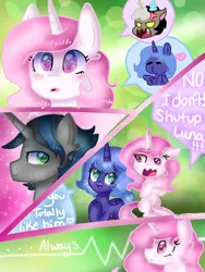 Size: 768x1024 | Tagged: safe, artist:frosty-cupcak3, derpibooru import, idw, discord, king sombra, princess celestia, princess luna, alicorn, draconequus, pony, unicorn, :3, always, blushing, celestibra, cross-popping veins, denial, female, filly, good king sombra, heart, image, jpeg, kissy face, luna the shipper, male, shiny eyes, shipper on deck, shipping, straight, woona, young celestia, young sombra, younger