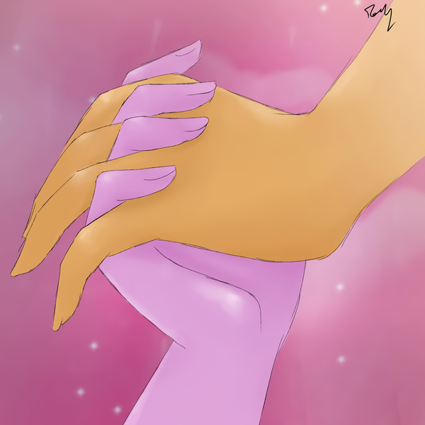 Size: 1080x1080 | Tagged: safe, artist:_denart, derpibooru import, sci-twi, sunset shimmer, twilight sparkle, equestria girls, female, fingers interlocked, holding hands, image, lesbian, png, scitwishimmer, shipping, signature, sunsetsparkle