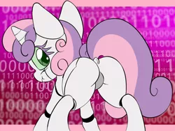 Size: 2048x1536 | Tagged: suggestive, alternate version, artist:steelsoul, derpibooru import, sweetie belle, pony, robot, robot pony, :t, butt, dock, featureless crotch, female, foalcon, from behind, image, looking back, plot, png, sweetie bot, underage