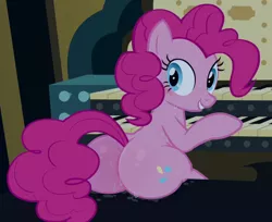 Size: 666x543 | Tagged: suggestive, alternate version, artist:sunibee, derpibooru import, edit, edited screencap, screencap, pinkie pie, castle mane-ia, balloonbutt, blushing, butt, butt blush, female, image, looking at you, looking back, looking back at you, musical instrument, organ, organ to the outside, playing instrument, png, sitting, solo, solo female, sweat