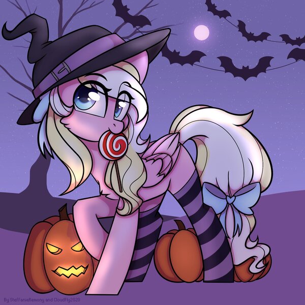 Size: 2048x2048 | Tagged: safe, artist:_lazy_cloud, derpibooru import, oc, oc:bay breeze, unofficial characters only, pegasus, pony, bow, candy, chest fluff, clothes, cute, female, food, hair bow, halloween, hat, holiday, image, jpeg, lollipop, looking at you, mare, missing cutie mark, mouth hold, pumpkin, socks, striped socks, tail bow, witch hat