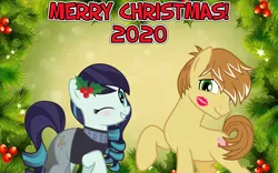 Size: 2064x1289 | Tagged: safe, anonymous artist, derpibooru import, coloratura, feather bangs, earth pony, all i want for christmas is you, blushing, christmas, colorabangs, female, flower, flower in hair, hearth's warming, holiday, holly, image, kissing, kiss mark, kiss on the cheek, lipstick, lyrics in the description, male, one eye closed, png, shipping, smiling, song reference, straight, wink, youtube link, youtube link in the description