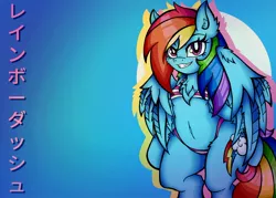 Size: 2048x1463 | Tagged: safe, alternate version, artist:canvymamamoo, derpibooru import, rainbow dash, anthro, pegasus, pony, semi-anthro, arm hooves, belly button, blue background, blushing, breasts, cleavage fluff, clothes, ear fluff, female, image, japanese, jpeg, looking at you, mare, moon runes, simple background, smiling, solo, swimsuit, text