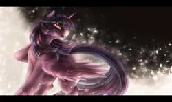 Size: 2200x1300 | Tagged: safe, artist:ventious, derpibooru import, twilight sparkle, twilight sparkle (alicorn), alicorn, pony, abstract background, dutch angle, female, flowing tail, horn, image, letterboxing, looking sideways, mare, png, remake, solo, spread wings, tail, wings