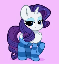 Size: 2300x2500 | Tagged: safe, artist:kittyrosie, derpibooru import, rarity, pony, unicorn, blushing, chest fluff, clothes, cute, ear fluff, female, high res, image, jpeg, mare, pink background, raribetes, simple background, socks, solo, striped socks